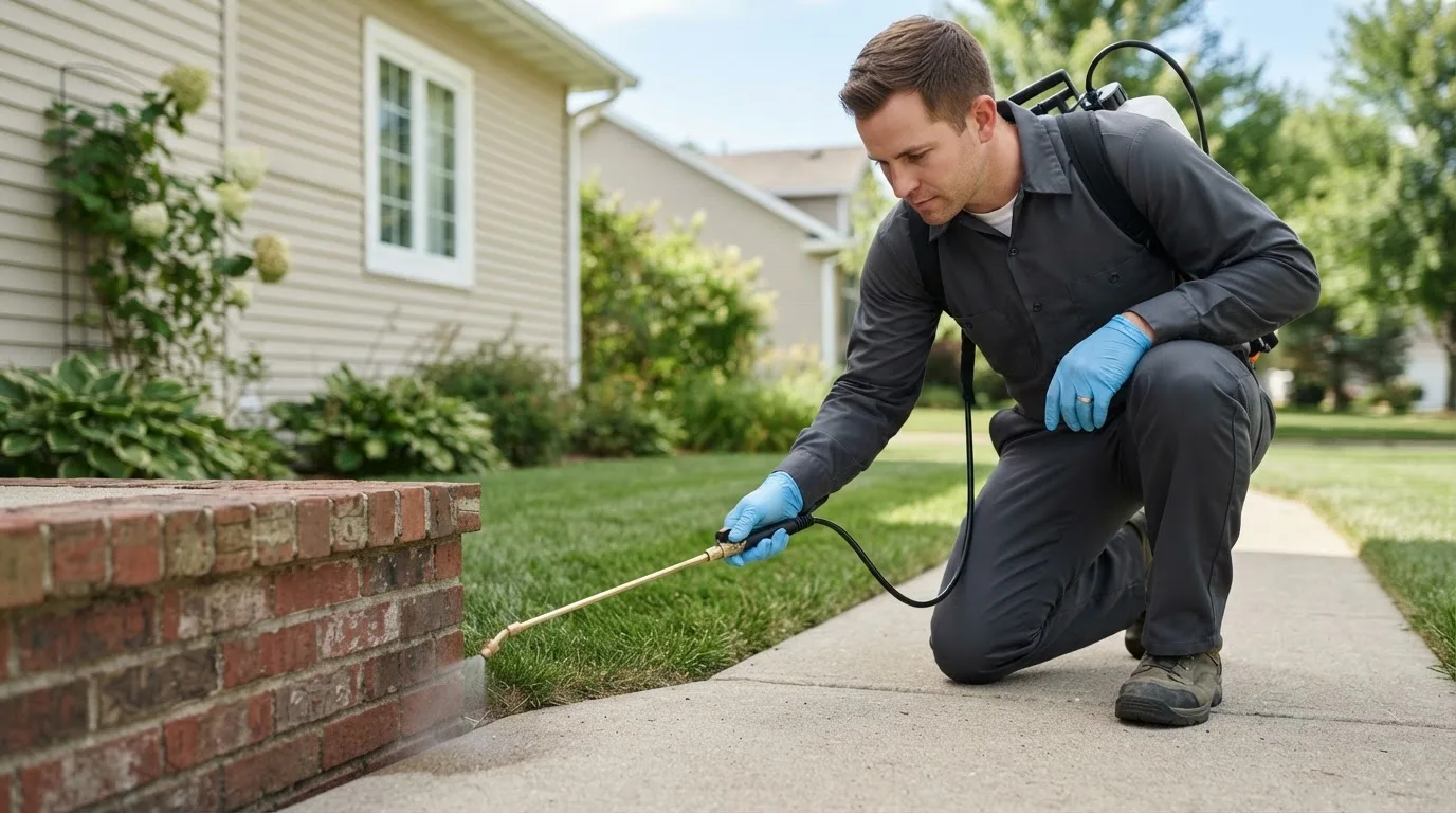 Pest control technician treating a home near Hicksville, OH