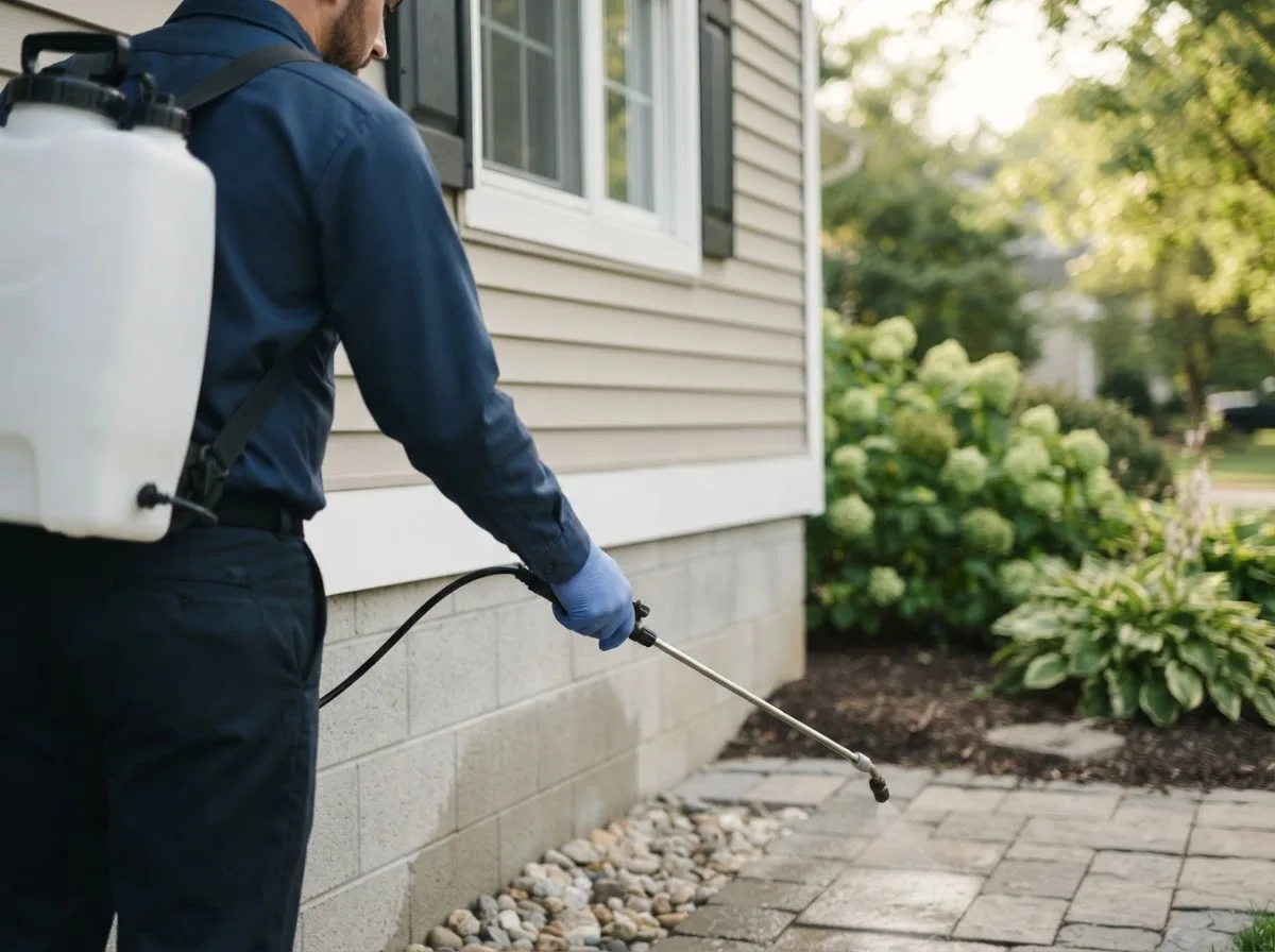 Pest control technician inspecting a home in Hicksville, OH